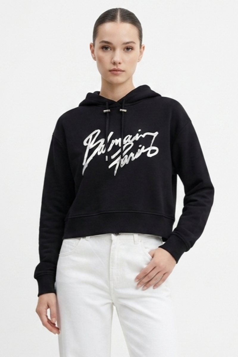Хлопковое худи черное с большим лого SS26 Balmain GF1JR030 BD41